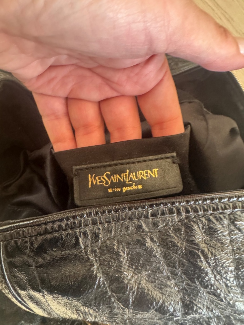 YSL Yves Saint Laurent Downtown Black Quilted Croc Embossed Patent Leather Tote - Picture 5 of 6